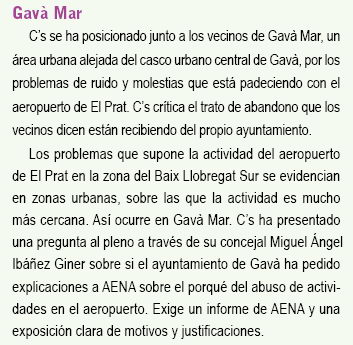 Noticia publicada en el boletín municipal de C's sobre la queja de C's de Gavà por el alto uso de la configuración este en el aeropuerto del Prat (Julio de 2007)
